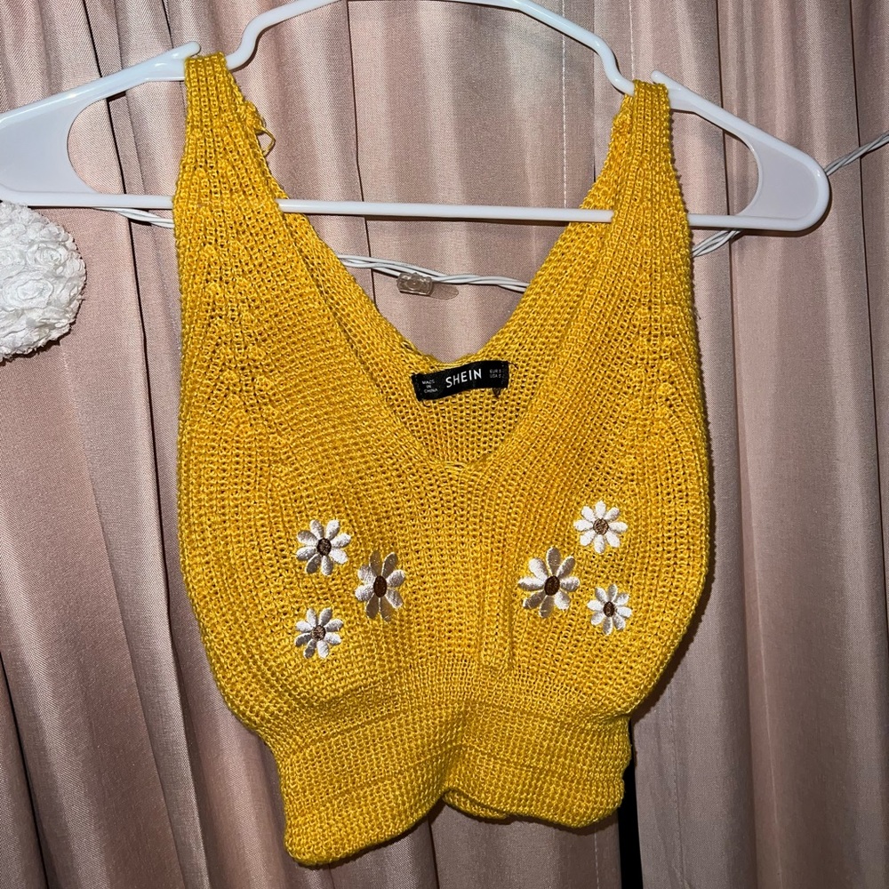 Yellow Knit Sweater with Flowers
